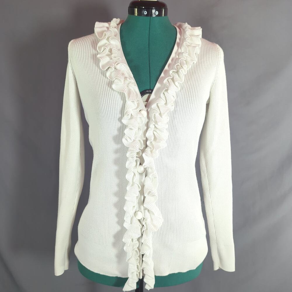 Madison Ivory Ruffle Ribbed Cardigan Sweater Coquette Romantic S Mori Kei